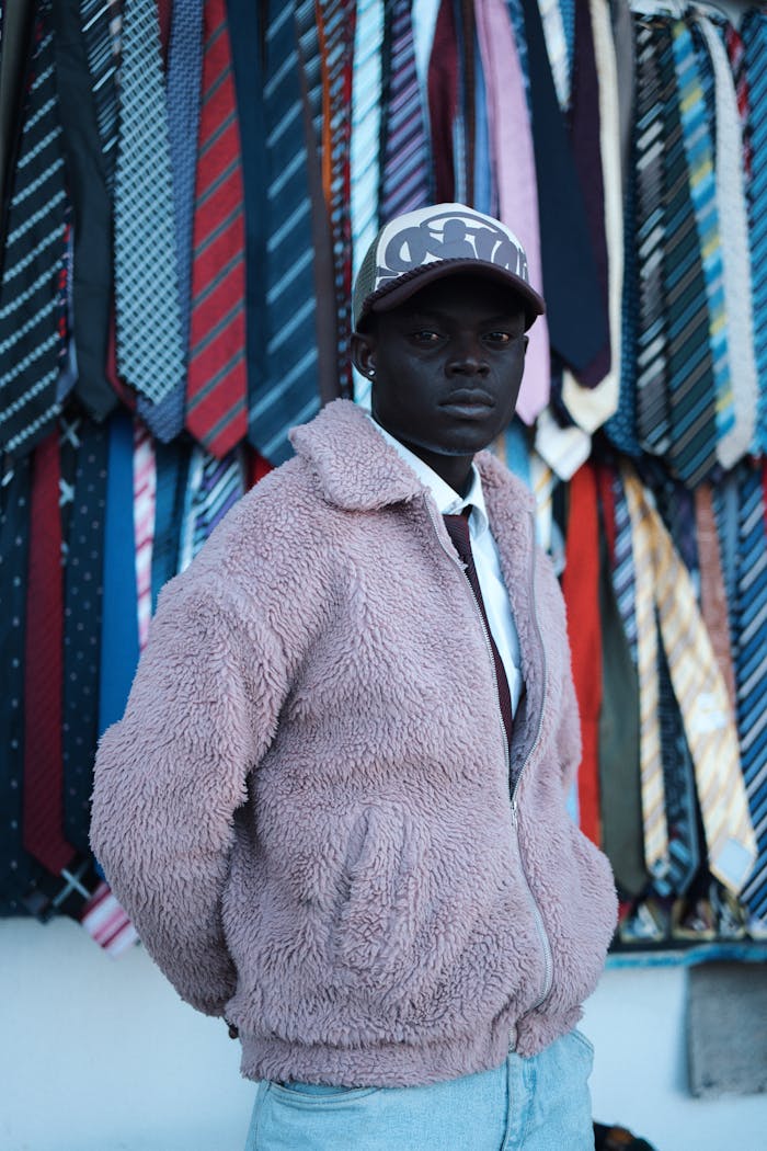 Stylish young man in pink jacket stands in front of colorful ties display.
